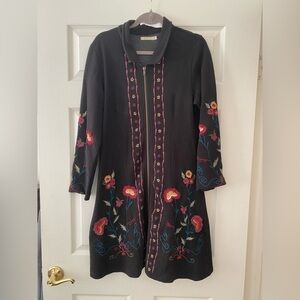 Caite Black Embroidered Floral Double Full Zip Long Body Jacket Cardigan - Sz S